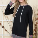 Large BLACK BRUSH HOODED SOLID TUNIC TOP WITH PLAID CONTRAST 