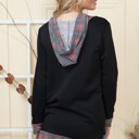 Large BLACK BRUSH HOODED SOLID TUNIC TOP WITH PLAID CONTRAST 