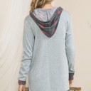 XL HEATHER GREY BRUSH HOODED SOLID TUNIC TOP WITH PLAID CONTRAST 