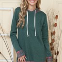 Medium DARK GREEN BRUSH HOODED SOLID TUNIC TOP WITH PLAID CONTRAST 