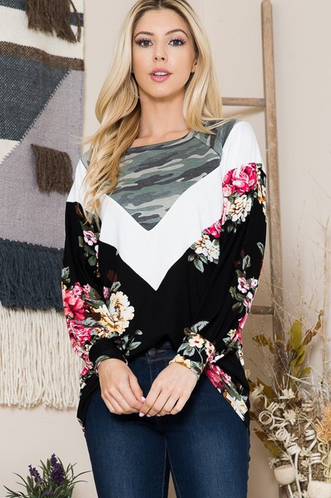 COLOR BLOCK TUNIC TOP WITH FLORAL AND CAMO DETAIL