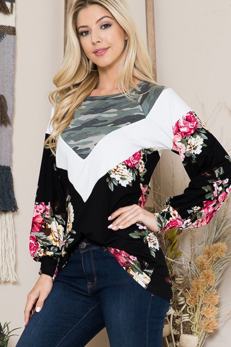 COLOR BLOCK TUNIC TOP WITH FLORAL AND CAMO DETAIL