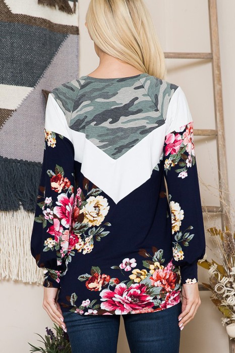 COLOR BLOCK TUNIC TOP WITH FLORAL AND CAMO DETAIL