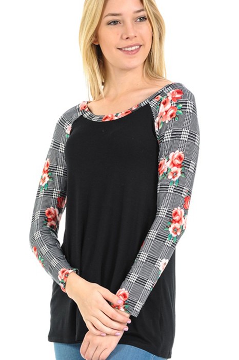 SOLID TOP WITH CHECK/FLORAL PRINT SLEEVES
