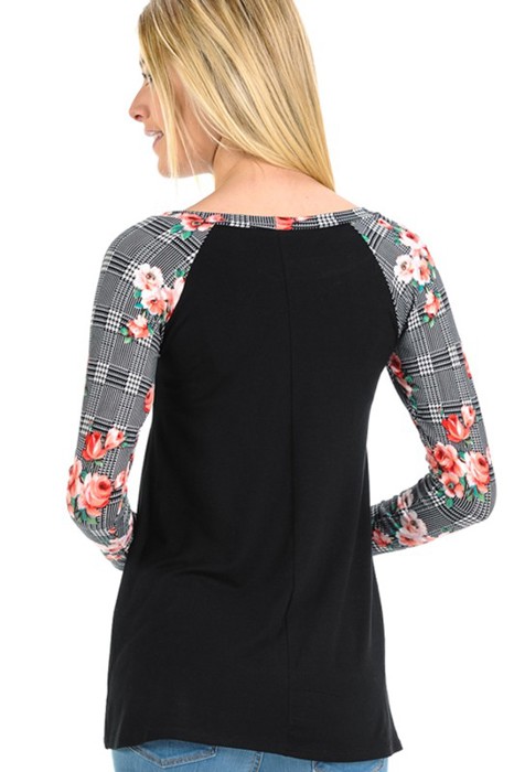 SOLID TOP WITH CHECK/FLORAL PRINT SLEEVES