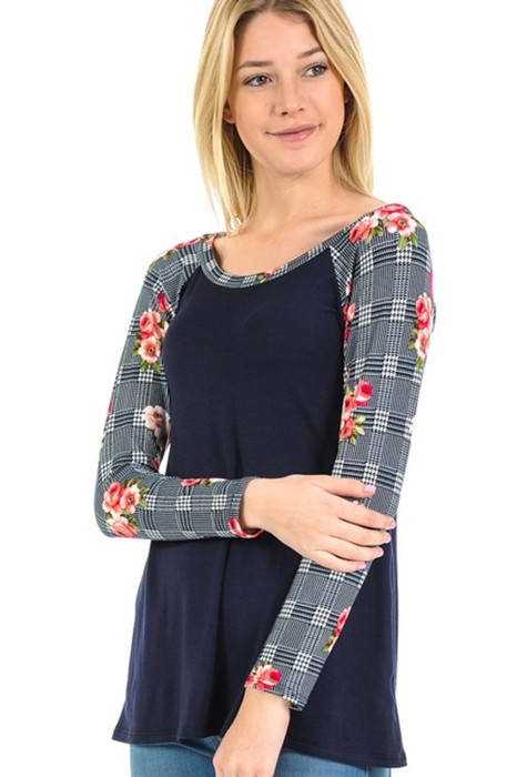 SOLID TOP WITH CHECK/FLORAL PRINT SLEEVES