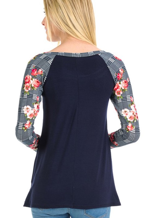 SOLID TOP WITH CHECK/FLORAL PRINT SLEEVES