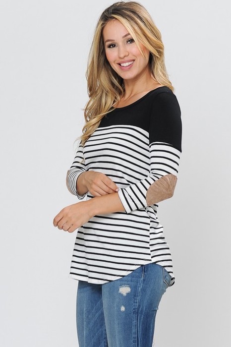 3/4 SLEEVE COLOR BLOCK TOP WITH ELBOW PATCH