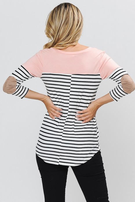 3/4 SLEEVE COLOR BLOCK TOP WITH ELBOW PATCH