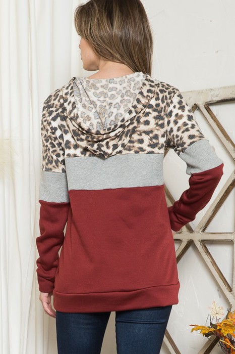 ANIMAL COLOR BLOCK TUNIC HOODIE TOP