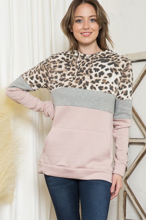 ANIMAL COLOR BLOCK TUNIC HOODIE TOP