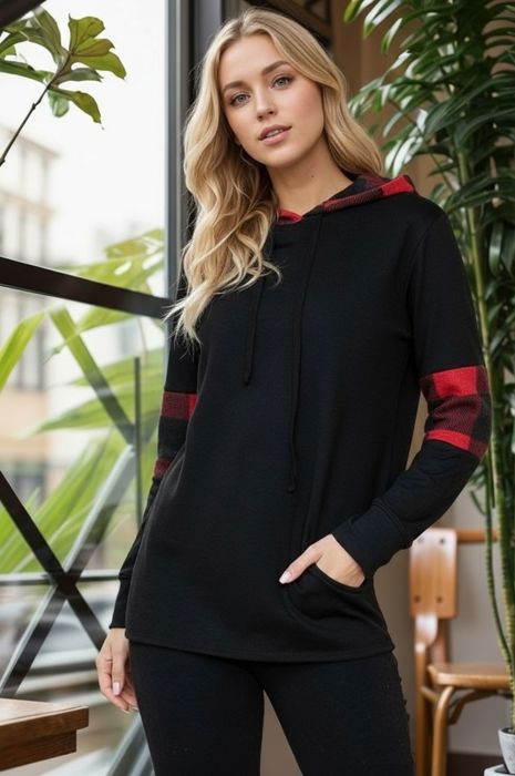 HOODIE SWEATSHIRT WITH PLAID CONTRAST