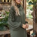 Medium OLIVE SOLID TUNIC TOP WITH ANIMAL CONTRAST PUFF SLEEVES