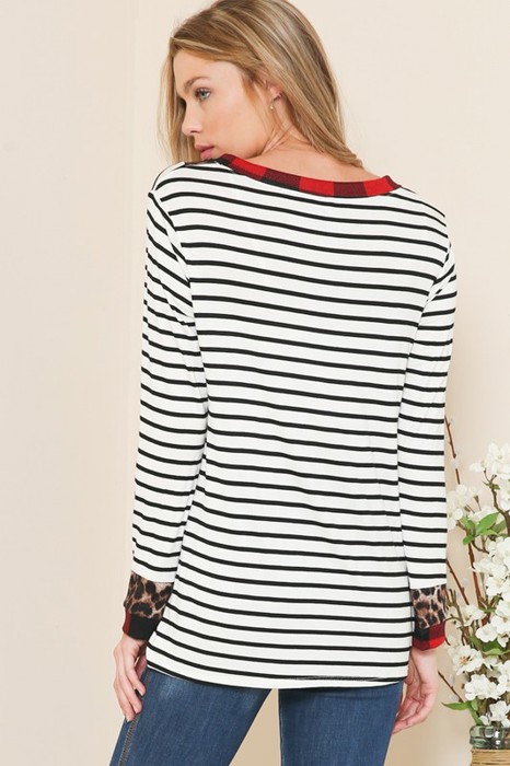 STRIPE TUNIC WITH LEOPARD AND PLAID CONTRAST