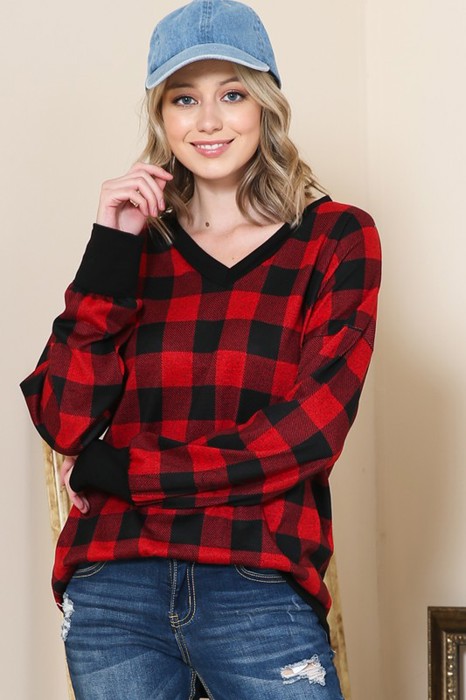V-NECK BUFFALO PLAID TUNIC TOP