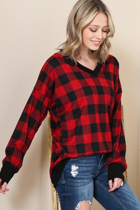 V-NECK BUFFALO PLAID TUNIC TOP