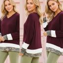 Small BURGUNDY V-NECK OVERSIZE TUNIC TOP WITH COLOR BLOCK DETAIL