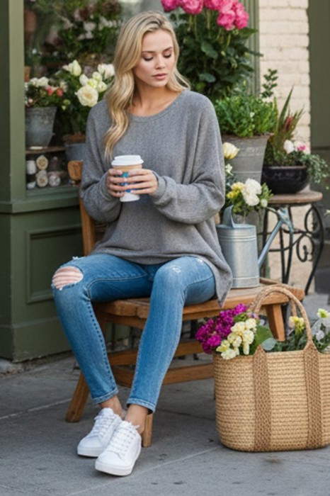 WAFFLE OVERSIZED SWEATSHIRT WITH SIDE SLIT