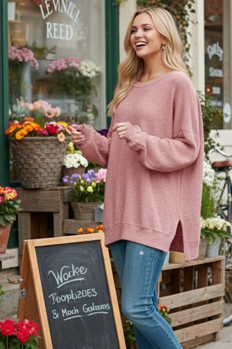 WAFFLE OVERSIZED SWEATSHIRT WITH SIDE SLIT