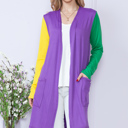 XL PURPLE MARDI GRAS MIDI CARDIGAN WITH SIDE POCKETS
