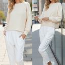 Large CREAM WAFFLE LONG SLEEVE CROP TOP