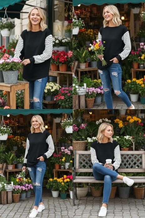 TUNIC TOP WITH STRIPE CONTRAST SLEEVES