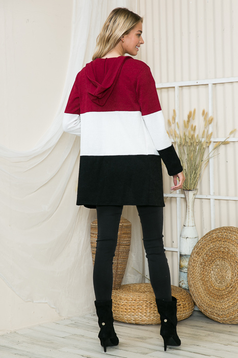 SOLID COLOR BLOCK HOODED OPEN CARDIGAN