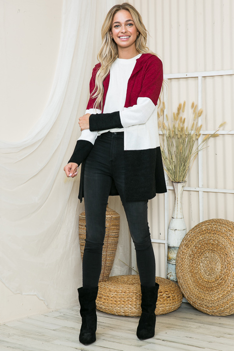 SOLID COLOR BLOCK HOODED OPEN CARDIGAN