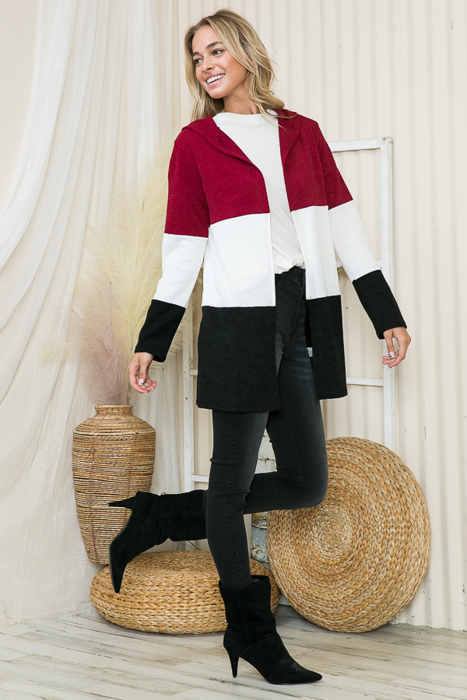 SOLID COLOR BLOCK HOODED OPEN CARDIGAN