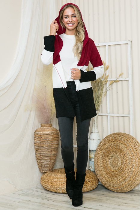 SOLID COLOR BLOCK HOODED OPEN CARDIGAN