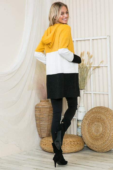 SOLID COLOR BLOCK HOODED OPEN CARDIGAN