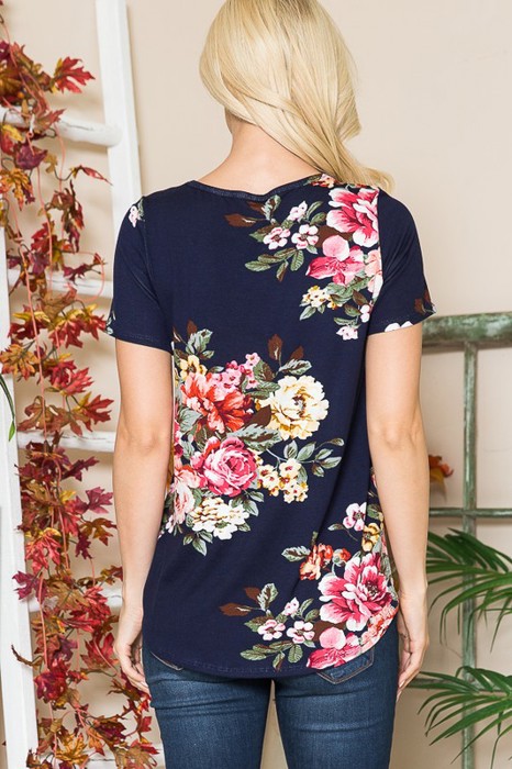 CRISS CROSS CHEST FLORAL SHORT SLEEVE TOP