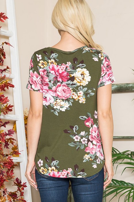 CRISS CROSS CHEST FLORAL SHORT SLEEVE TOP