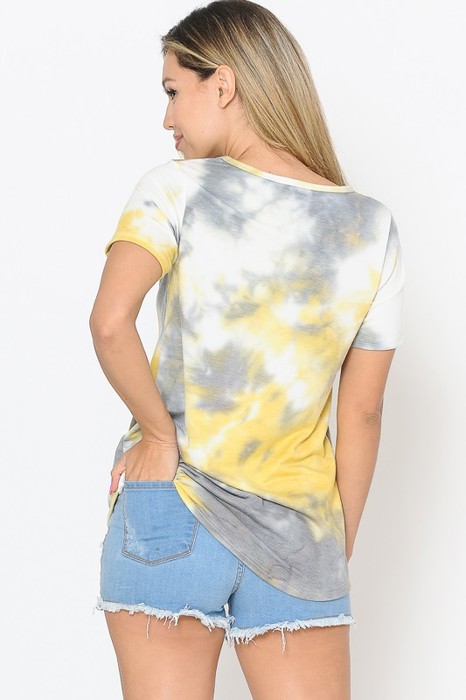 TIE DYE NECK CRISS CROSS SHORT SLEEVE TOP