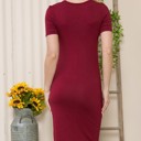 Large BURGUNDY BASIC NECK CUTOUT KNEE LENGTH SHORT SLEEVE DRESS