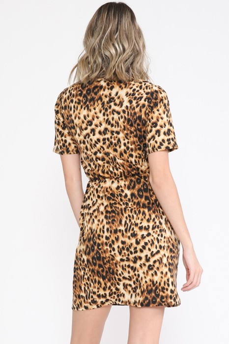 ANIMAL PRINT SHORT SLEEVE WAIST TIED DRESS