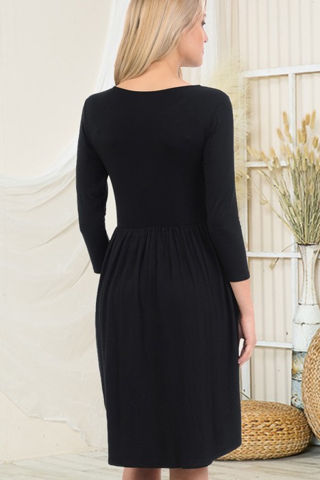 SOLID 3/4 SLEEVE DRESS WITH POCKETS