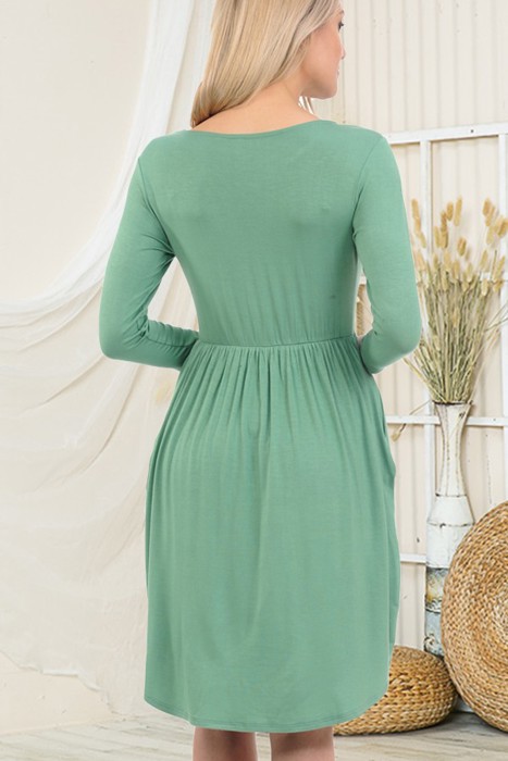 SOLID 3/4 SLEEVE DRESS WITH POCKETS