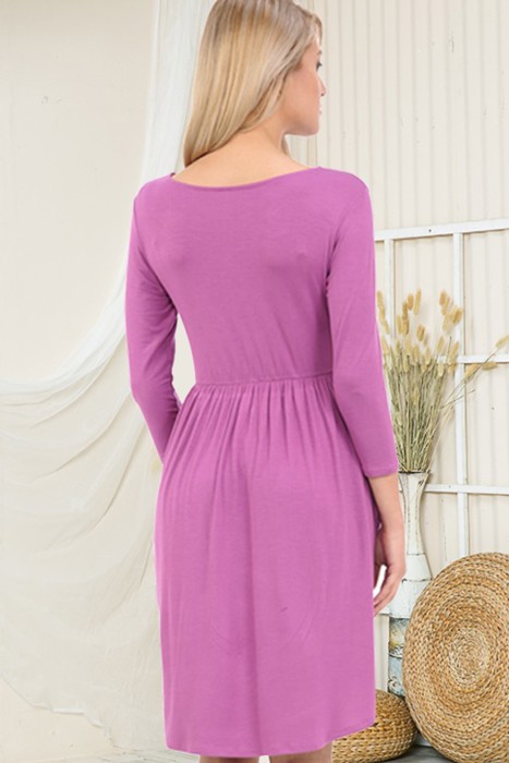 SOLID 3/4 SLEEVE DRESS WITH POCKETS