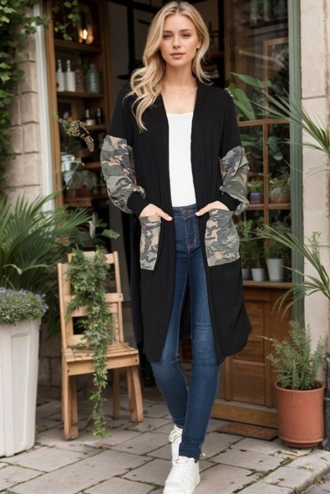 MIDI OPEN CARDIGAN WITH ANIMAL CONTRAST DETAIL