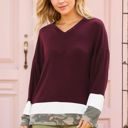 Small BURGUNDY V-NECK OVERSIZE TUNIC TOP WITH COLOR BLOCK DETAIL