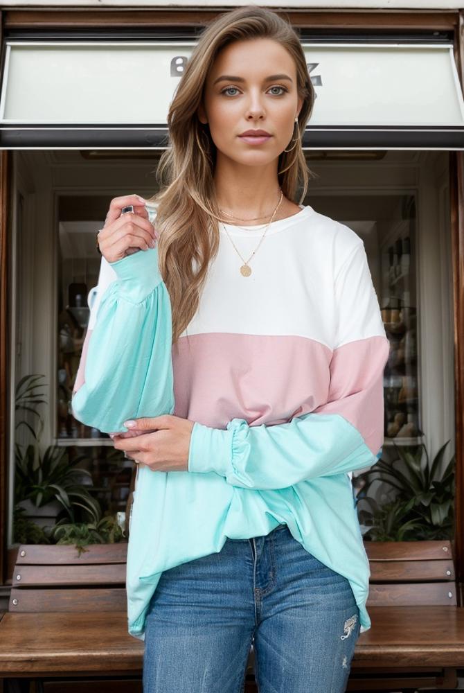 COLOR BLOCK LONG SLEEVE TUNIC TOP