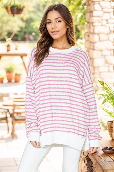 BUBBLE POLY COTTON STRIPE TUNIC WITH SIDE SLIT