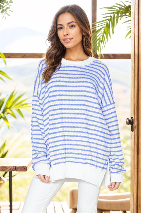 BUBBLE POLY COTTON STRIPE TUNIC WITH SIDE SLIT