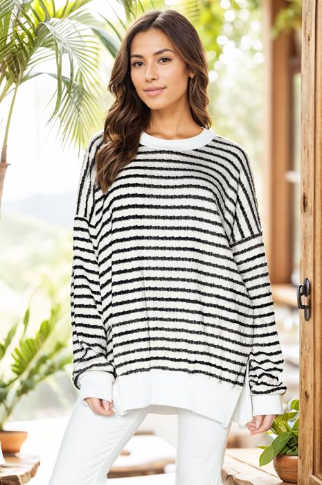 BUBBLE POLY COTTON STRIPE TUNIC WITH SIDE SLIT