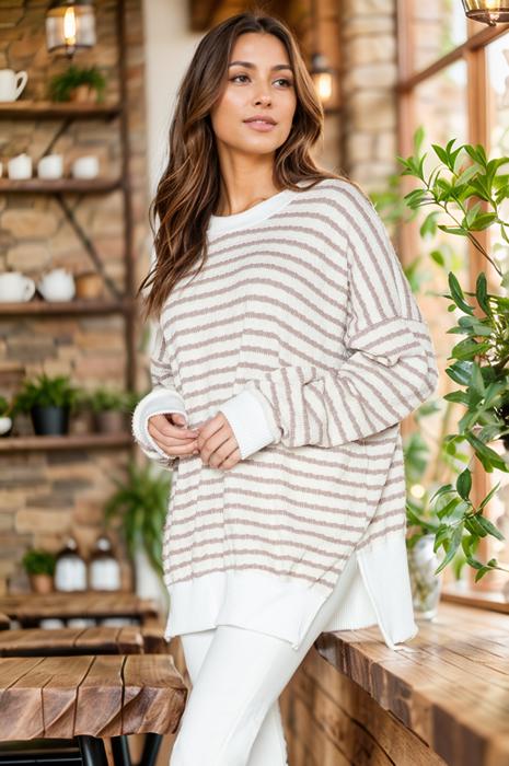 BUBBLE POLY COTTON STRIPE TUNIC WITH SIDE SLIT