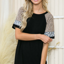 Medium BLACK SOLID MINI DRESS WITH COLOR BLOCK SHORT SLEEVES