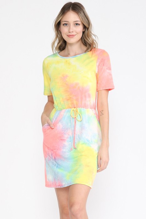 TIE DYE SHORT SLEEVE WAIST TIED DRESS WITH POCKETS
