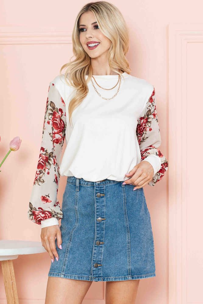 SOLID TUNIC WITH FLORAL CHIFFON SLEEVES