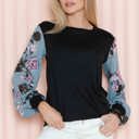 Small BLACK SOLID TUNIC WITH FLORAL CHIFFON SLEEVES